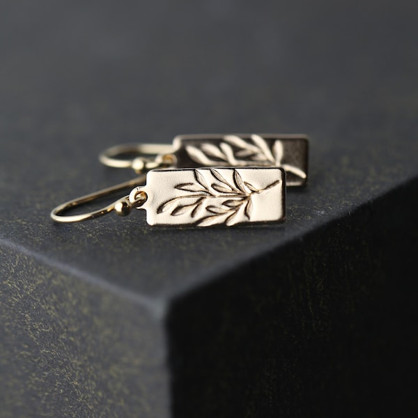 Willow Leaves Botanical Gold Earrings • Small Hand Stamped Dainty Minimalist Nature Dangle Earrings