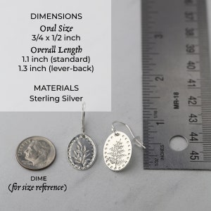 Silver Leaf Oval Earrings Minimalist Hand Stamped Sterling Silver Botanical Dangle Lever back Earrings Jewelry Made in Alaska image 9