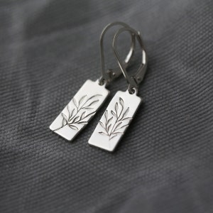 Willow Leaves Lever-back Earrings in Sterling Silver • Small Hand Stamped Dainty Minimalist Nature Dangle Earrings