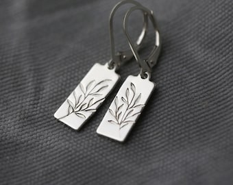 Willow Leaves Lever-back Earrings in Sterling Silver • Small Hand Stamped Dainty Minimalist Nature Dangle Earrings