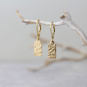 Dainty Hammered Gold Minimal Earrings Tiny Gold Filled Lever-back Earrings Dangle Minimalist Earrings by Burnish image 2