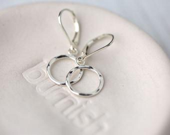 Hammered Circle Sterling Silver Earrings • Simple Silver Hammered Dainty Dangle Lever-back Earrings  • Minimalist Jewelry