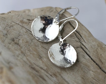 Hammered Sterling Silver Leverback Disc Earrings • Handmade Minimalist Jewelry by Burnish