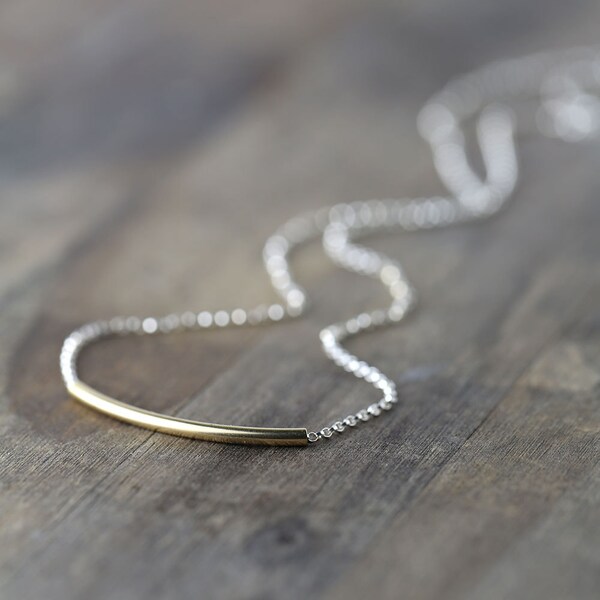 Minimalist Gold & Silver Necklace / Modern Minimal / Curved Tube Simple Bar Necklace / 14K Gold Fill on Sterling Silver Chain
