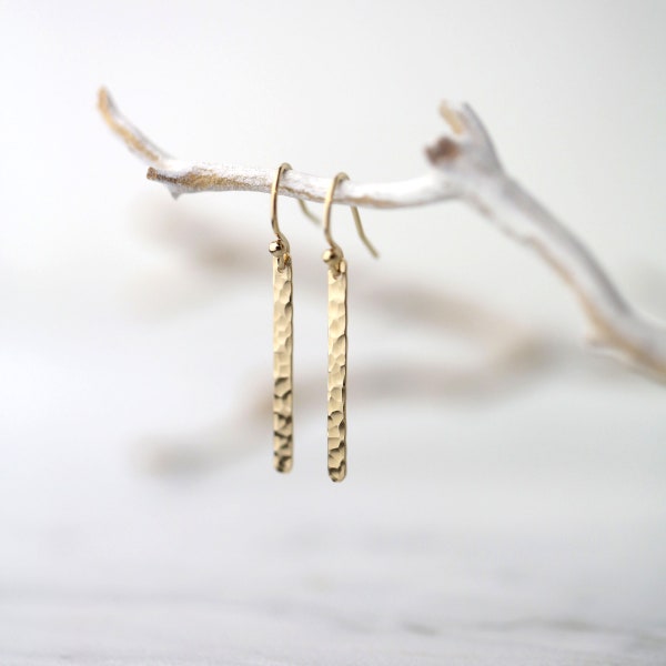 Slim Gold Minimal Earrings • Gold Filled Hammered Bar Earrings Dangle • Minimalist Earrings Handmade by Burnish