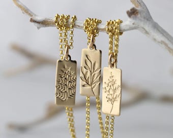 Hand Stamped Botanical Necklace in Gold Filled • Plant Leaves Wildflower Handmade Jewelry