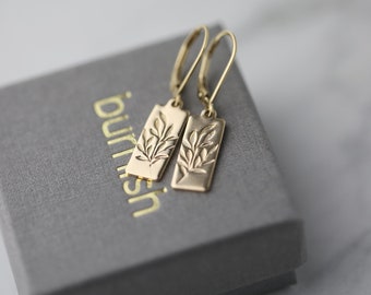 Willow Leaves Botanical Gold Earrings • Small Hand Stamped Dainty Minimalist Nature Dangle Earrings