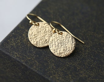 Hammered Texture Gold Earrings, Minimalist Gold Filled Disc Dangle Earrings, Gold Jewelry Gift for Her