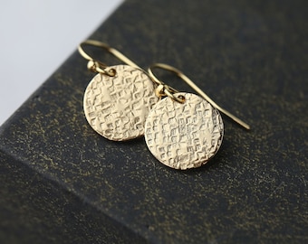 Artisan Handmade Textured Gold Earrings • Minimalist Raw Silk Gold Filled Disc Dangle Earrings for Women • Gold Jewelry Gift for Her