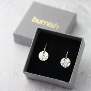 Tiny Hand Stamped Wildflower Silver Earrings Dainty Minimalist Nature Dangle Disc Leaf Earrings Handmade Jewelry by Burnish image 8