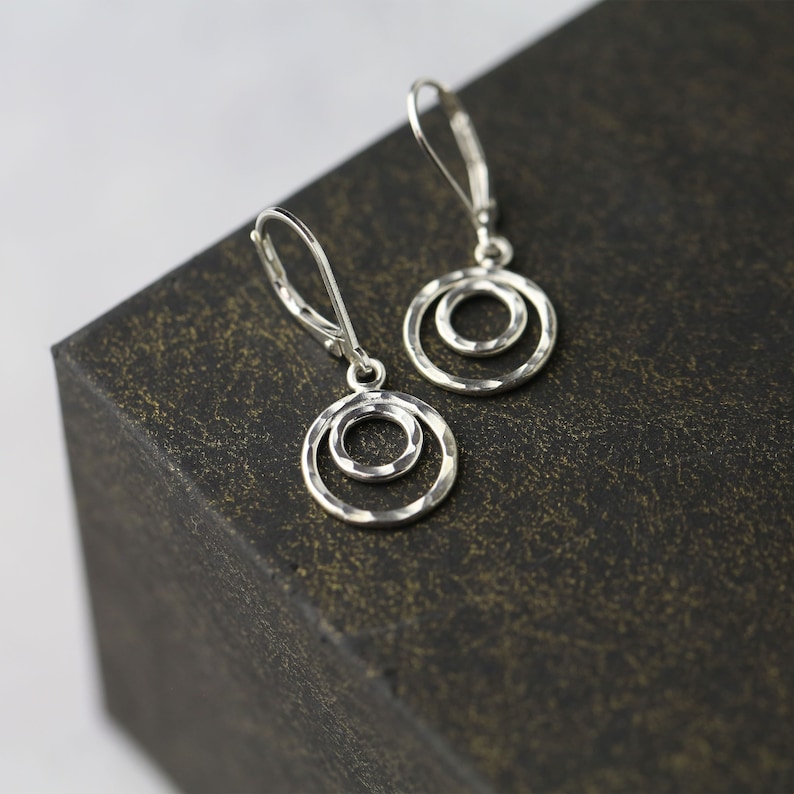 Double Circle Sterling Silver Lever-back Earrings Simple Silver Hammered Dainty Dangle Earrings Minimalist Jewelry Lever-back