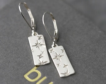 Dainty Celestial Sterling Silver Drop Earrings | Hand Stamped Dangle Star Earrings by Burnish Jewelry