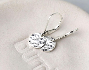 Tiny Hammered Sterling Silver Lever-Back Earrings, Handmade Small Dangle Earrings Leverback, Silver Lever Back Earrings
