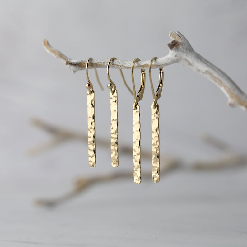 Slim Gold Minimal Earrings Gold Filled Hammered Bar Earrings Dangle Minimalist Earrings Handmade by Burnish image 3