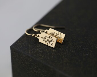 Tiny Gold Filled Tree Earrings • Hand Stamped Small Dainty Minimalist Nature Dangle Earrings • Handmade Jewelry by Burnish