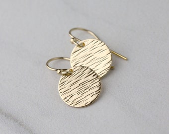 Line Texture Gold Earrings Dangle, Minimalist Gold Filled Disc Earrings Hammered, Handmade Jewelry, Birthday Gift