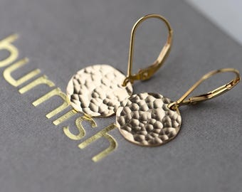 Hammered Gold Earrings Lever back • Minimalist 14K Gold Filled Disc Dangle Leverback Earrings • Burnish Handmade Women's Gold Jewelry