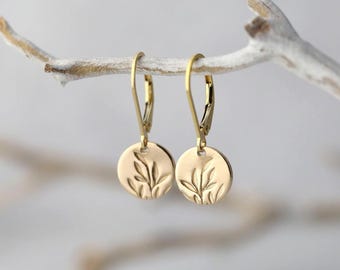 Tiny Hand Stamped Leaves Gold Lever-back Earrings • Dainty Minimalist Leaf Dangle Disc Earrings • Handmade Gold Filled Jewelry by Burnish