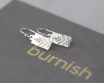 Tiny Wildflower Sterling Silver Earrings • Small Dainty Minimalist Nature Dangle Earrings • Hand Stamped Jewelry by Burnish