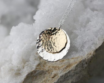 Hand Hammered Mixed Metal Pendant Necklace: Gold Filled & Sterling Silver