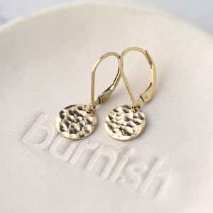 Tiny Hammered Gold Lever Back Earrings • Handmade Small Disc Dangle Earrings Leverback • Minimalist Gold Filled Jewelry Gift by Burnish
