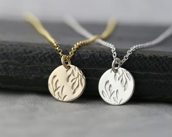 Hand Stamped Willow Leaf Pendant Necklace in Sterling Silver or 14K Gold Filled