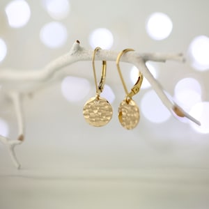 Tiny Hammered Gold Lever-Back Earrings, Handmade Small Dangle Earrings Leverback, Gold Filled Lever Back Earrings image 3