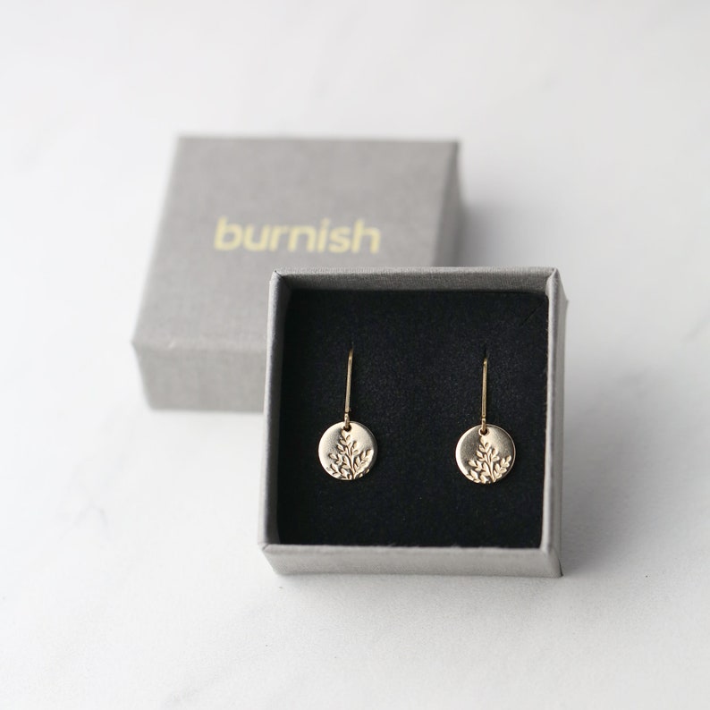Tiny Hand Stamped Wildflower Lever-back Earrings in Gold Filled Dainty Minimalist Nature Dangle Disc Earrings image 6