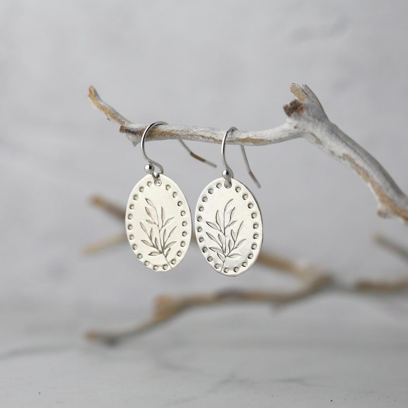 Silver Leaf Oval Earrings Minimalist Hand Stamped Sterling Silver Botanical Dangle Lever back Earrings Jewelry Made in Alaska Willow/Standard