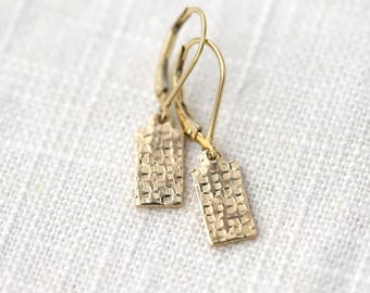 Tiny Textured Gold Minimalist Dangle Leverback Earrings • Dainty Raw Silk Texture Gold Filled Jewelry Handmade by Burnish