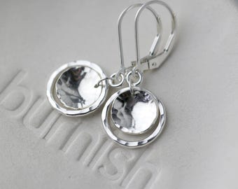 Hammered Sterling Silver Dainty Dangle Earrings: Small Minimalist Leverback Drop Earrings by Burnish