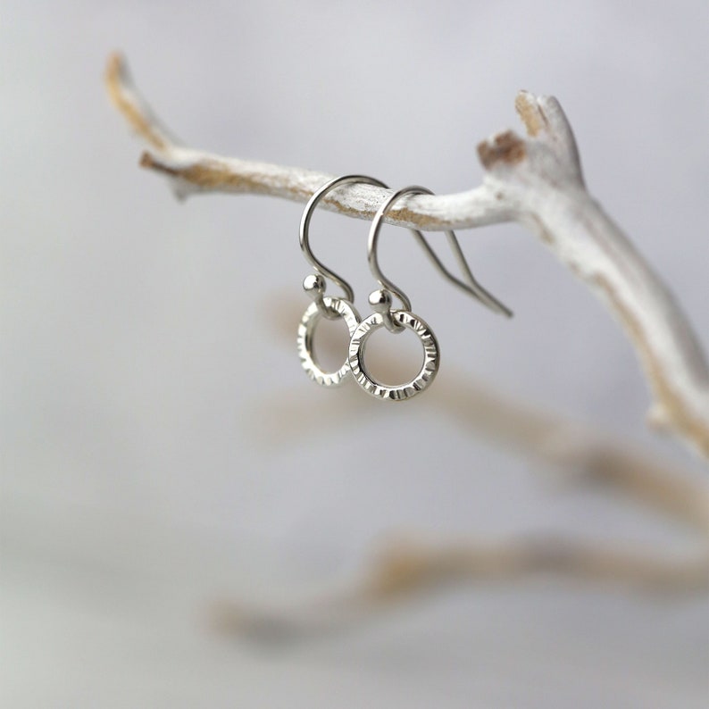 Tiny Circle Earrings Bark Texture Minimalist Simple Sterling Silver Dangle Earrings Silver Jewelry Handmade Gifts image 2