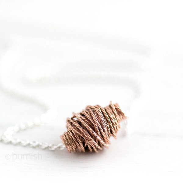 Rose Gold Twist Wire Wrap Necklace / Pink Gold Cluster Bead on Sterling Silver Chain / Jewelry by burnish