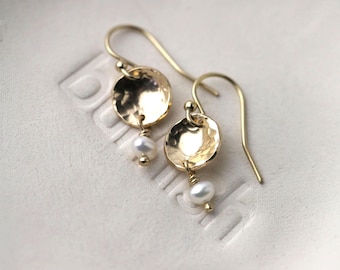 Hammered 14K Gold Filled Dangle Pearl Earrings: Handmade Dainty Gold Drop Earrings by Burnish