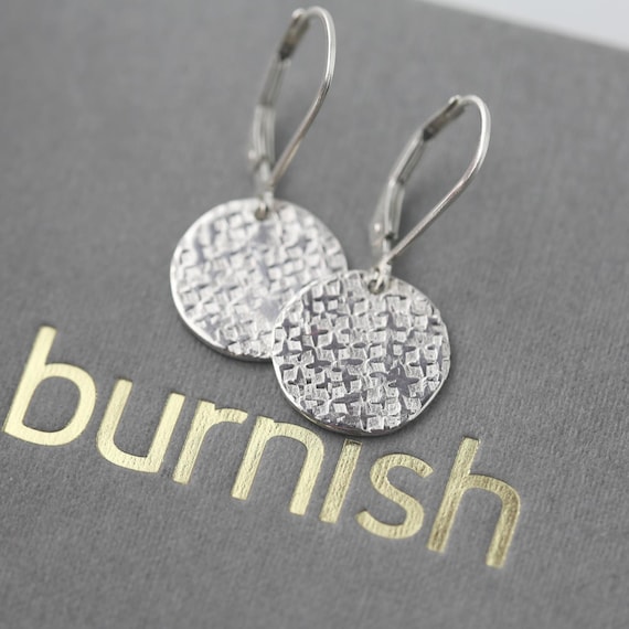 Silver Raw Silk Texture Dangle Leverback Earrings, Minimalist Sterling Silver Disc Lever-back Earrings, Silver Jewelry