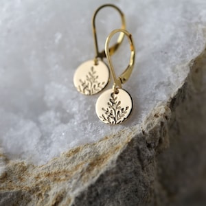 Tiny Hand Stamped Wildflower Lever-back Earrings in Gold Filled • Dainty Minimalist Nature Dangle Disc Earrings