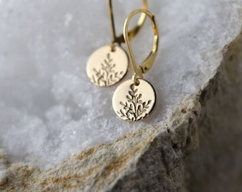 Tiny Hand Stamped Wildflower Lever-back Earrings in Gold Filled • Dainty Minimalist Nature Dangle Disc Earrings