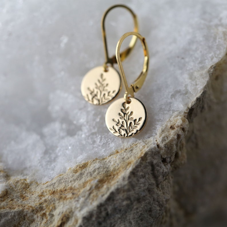 Tiny Hand Stamped Wildflower Lever-back Earrings in Gold Filled Dainty Minimalist Nature Dangle Disc Earrings image 1