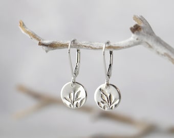 Tiny Hand Stamped Leaves Silver Earrings • Dainty Minimalist Nature Dangle Disc Willow Leaf Earrings • Handmade Jewelry by Burnish