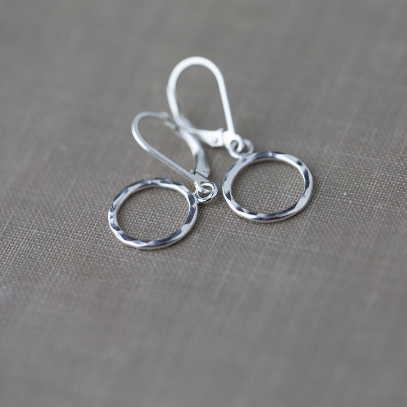 Small Circle Sterling Silver Lever-back Earrings \u2022 Simple Silver Hammered Dainty Dangle Earrings \u2022 Minimalist Jewelry Mother/'s Day Gift