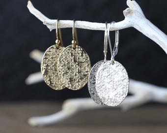 Textured Silver or Gold Oval Earrings Lever-back • Minimalist Gold Filled or Sterling Silver Dangle Earrings with Raw Silk Hammered Texture