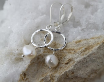 Handmade Sterling Silver Pearl Dangle Earrings: Dainty Minimalist Jewelry by Burnish