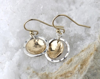 Hammered Gold Silver Dangle Earrings: Minimalist Mixed Metal Leverback Earrings by Burnish