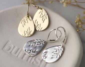 Willow Leaves Teardrop Dangle Leverback Earrings in Sterling Silver or 14K Gold Filled • Handmade Nature Jewelry by Burnish