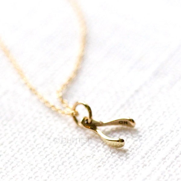 Tiny Gold Lucky Wishbone Necklace / Mini Bronze Wish Pendant on Gold Filled Chain