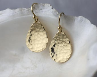 Hammered 14K Gold Filled Teardrop Earrings • Minimalist Dangle Drop Earrings