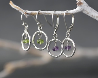 Handmade Sterling Silver Birthstone Dangle Earrings: Dainty Personalized Birthday Amethyst February Birthstone Gemstone