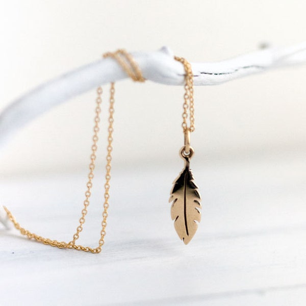 Tiny Simple Gold Feather Necklace / Dainty Bronze Metal Feather Pendant on Gold Filled Chain