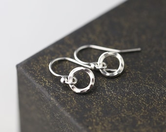 Small Hammered Sterling Silver Circle Dangle Earrings: Minimalist Jewelry Handmade by Burnish