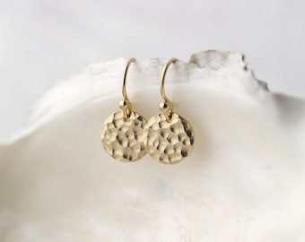 Tiny Hammered Gold Disc Earrings • Small Dainty Minimalist 3/8 Inch Disc Dangle Earrings • Simple Gold Filled Jewelry Handmade by Burnish